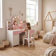 Coiffeuse enfant miroir lumineux rose avec un enfant