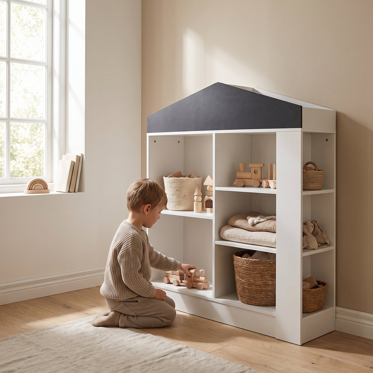 Bibliothèque enfant forme cabane tableau noir avec un enfant