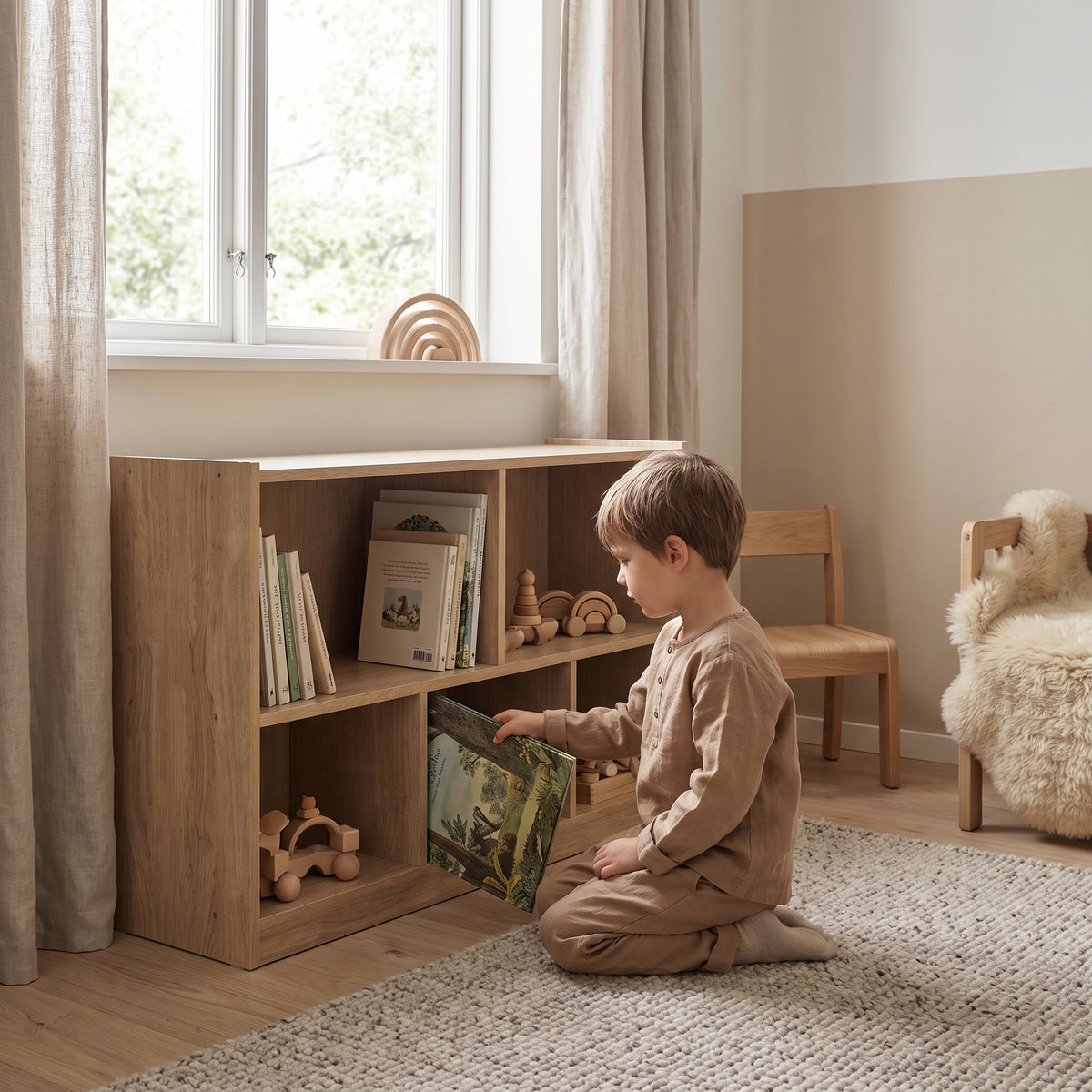Bibliothèque enfant 5 compartiments naturel avec un enfant