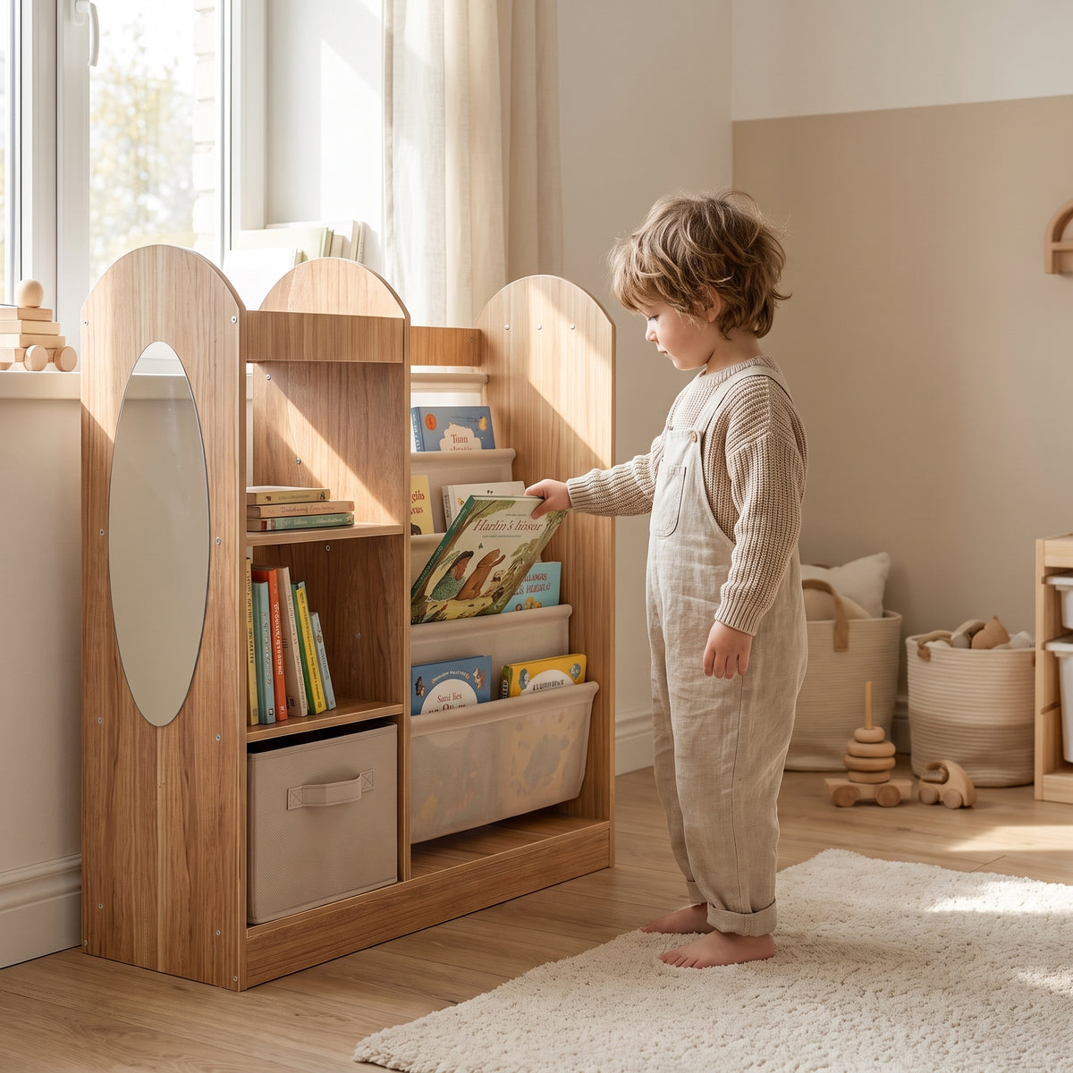 Bibliothèque enfant miroir et étagères en tissu naturel avec un enfant