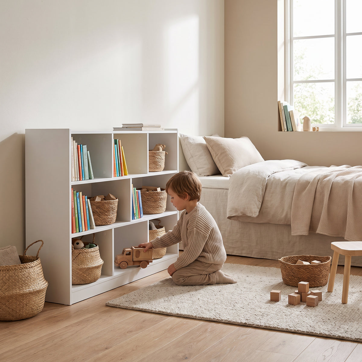Bibliothèque enfant 8 cases blanche avec un enfant
