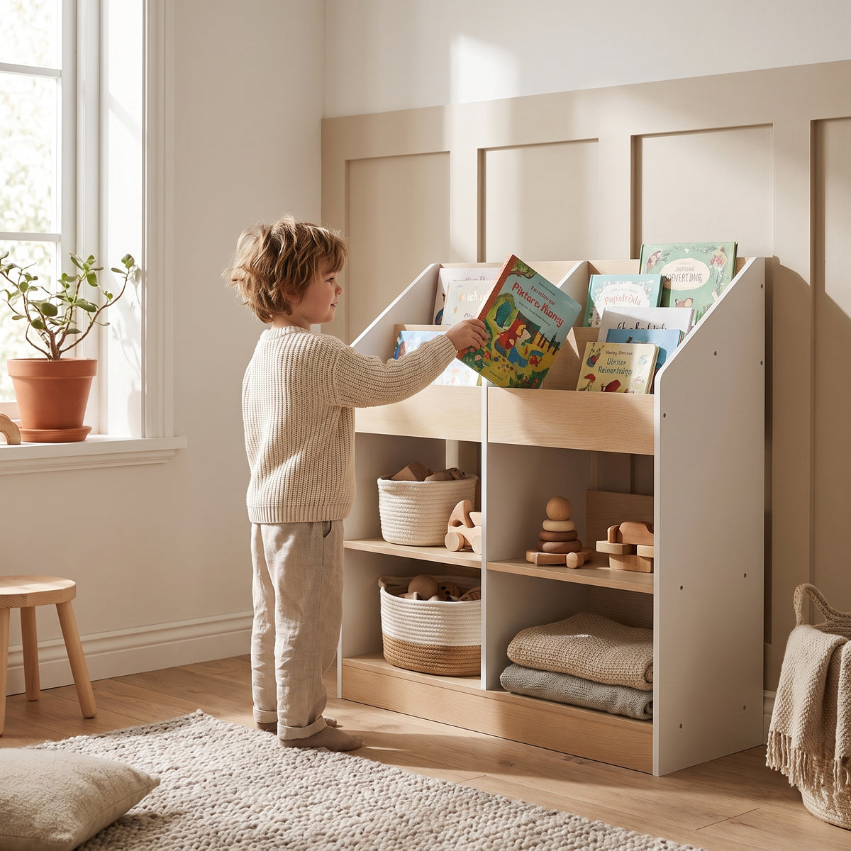 Étagère enfant 4 cubes blanche avec un enfant