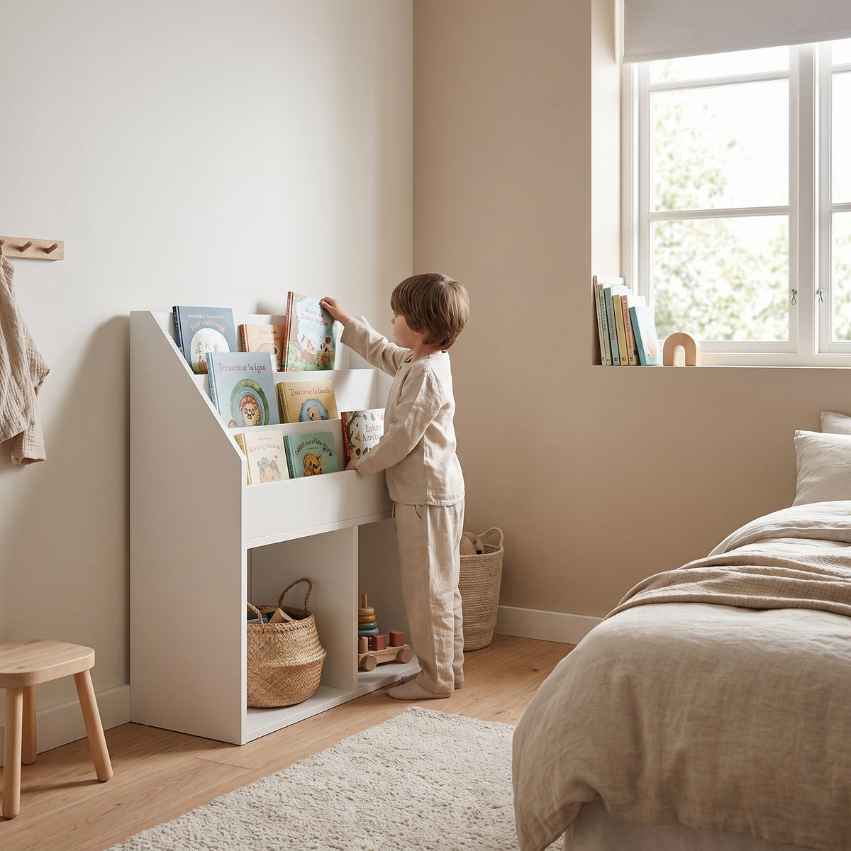 Bibliothèque enfant 3 compartiments blanche avec un enfant