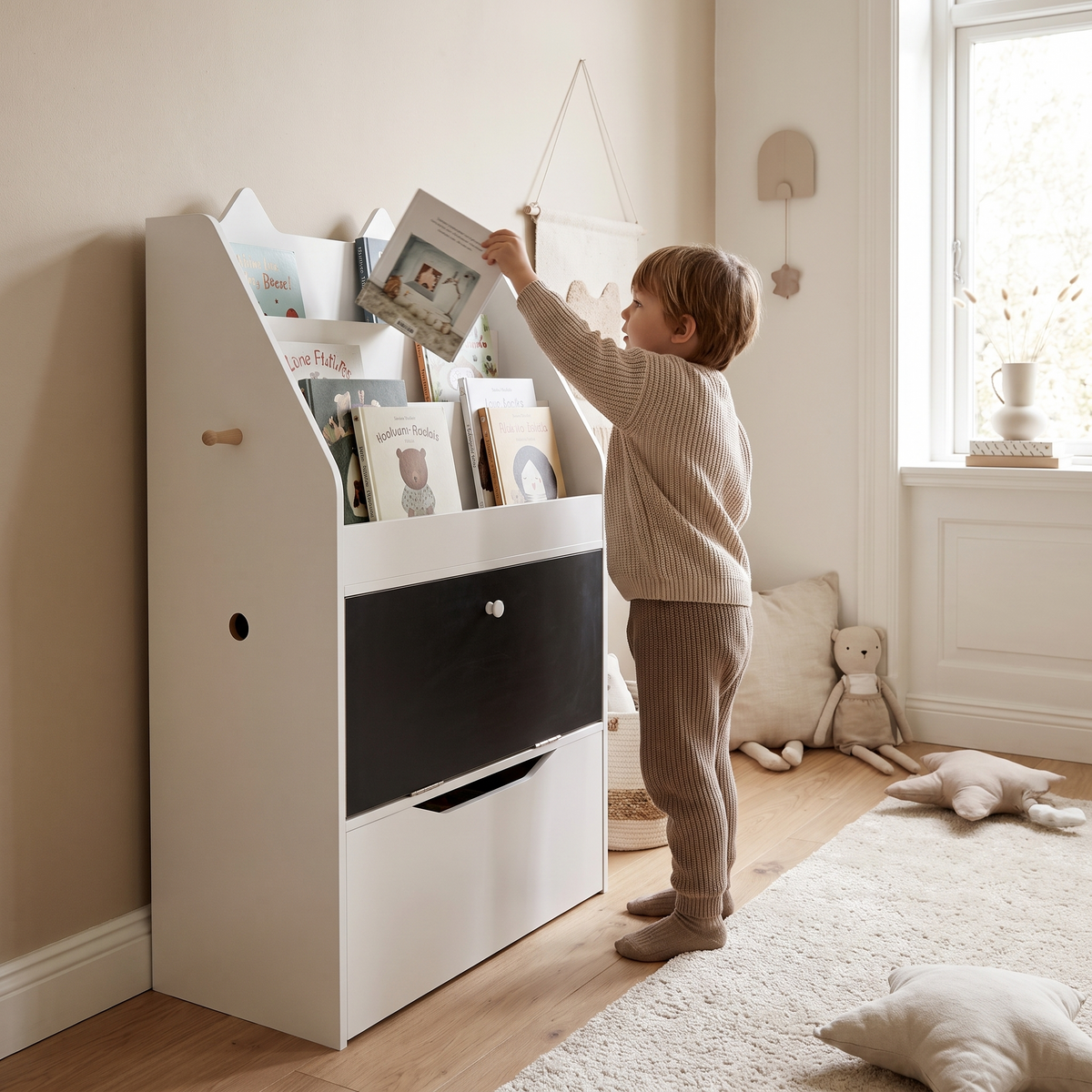 Bibliothèque enfant tableau noir avec un enfant