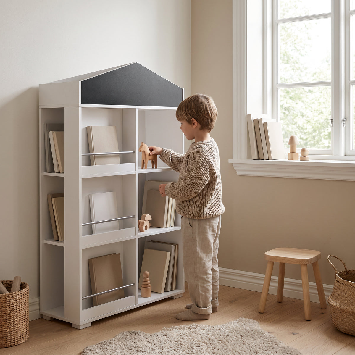Bibliothèque enfant forme maison avec un enfant