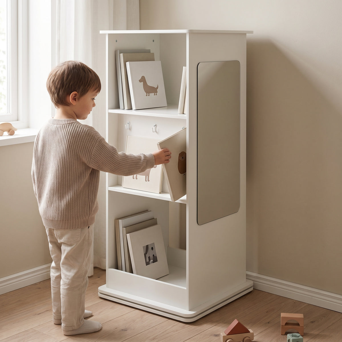 Bibliothèque tournante enfant blanche avec un enfant