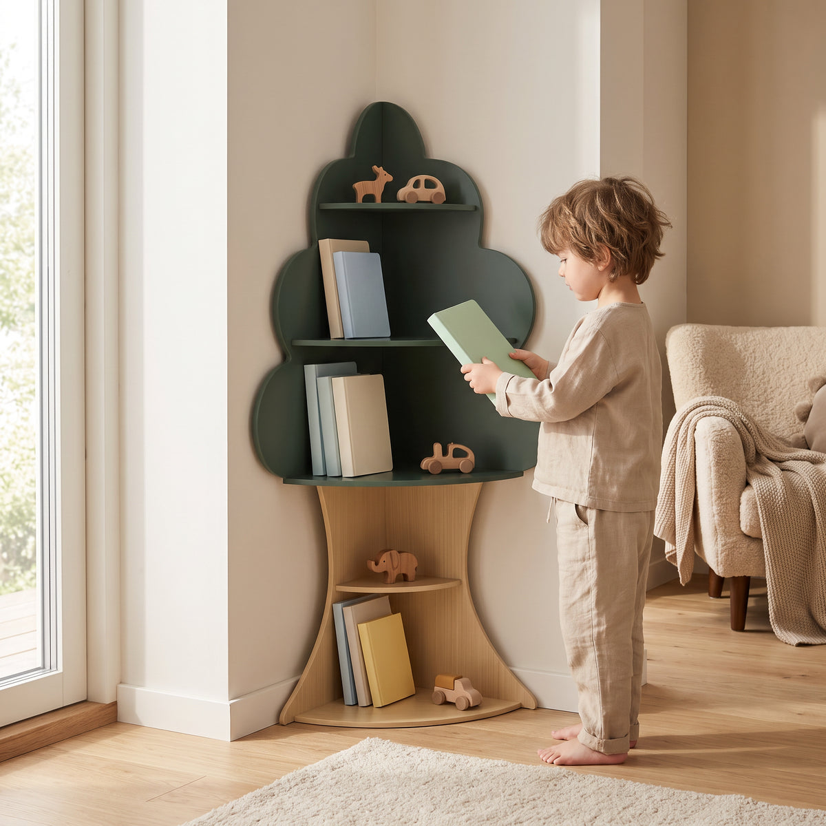 Étagère arbre enfant verte avec un enfant