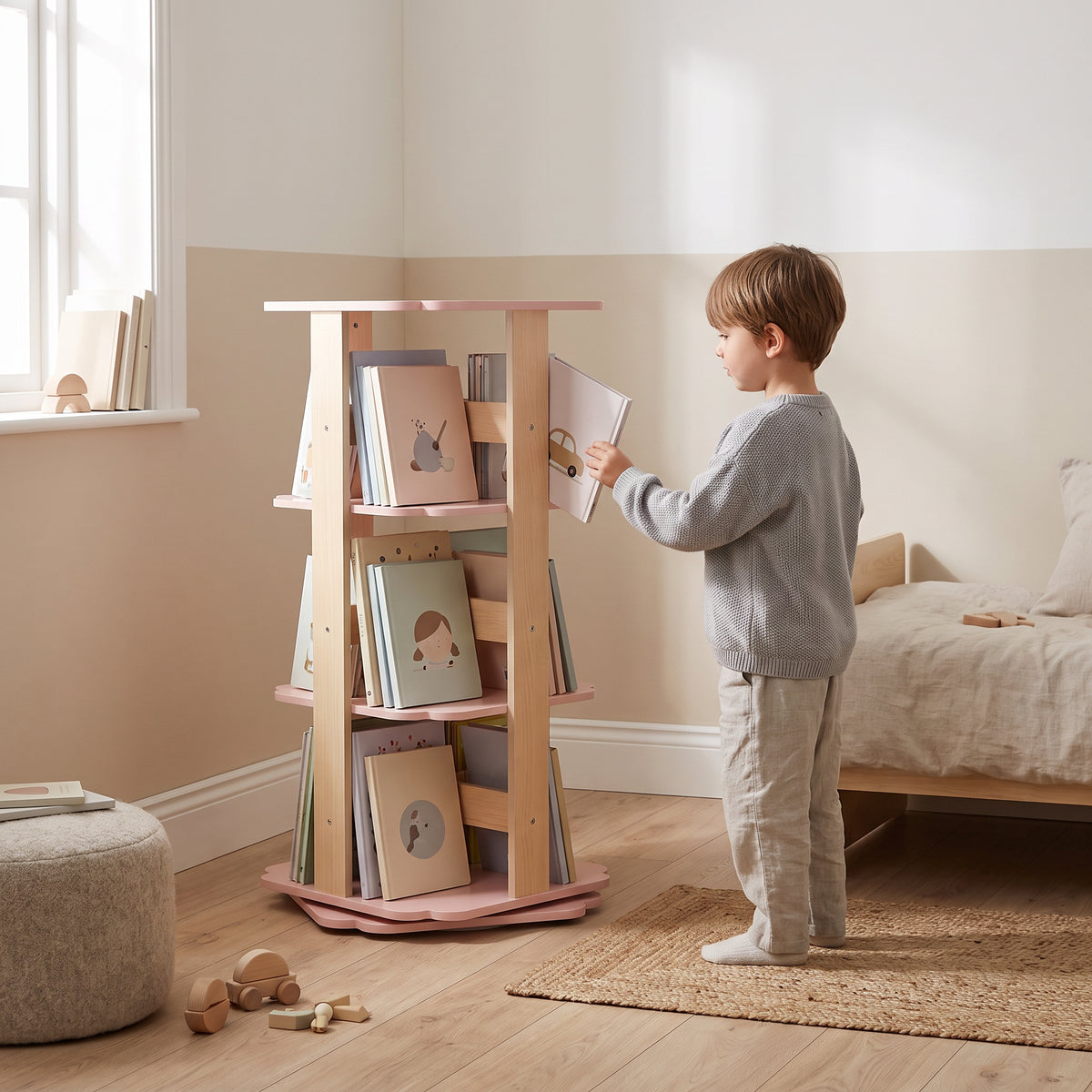 Bibliothèque tournante enfant rose avec un enfant
