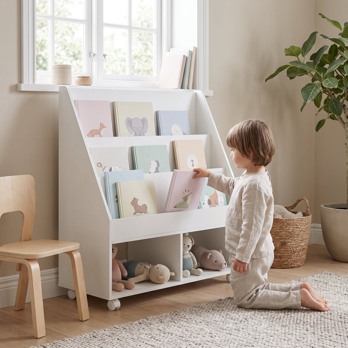 Bibliothèque enfant sur roulettes avec un enfant