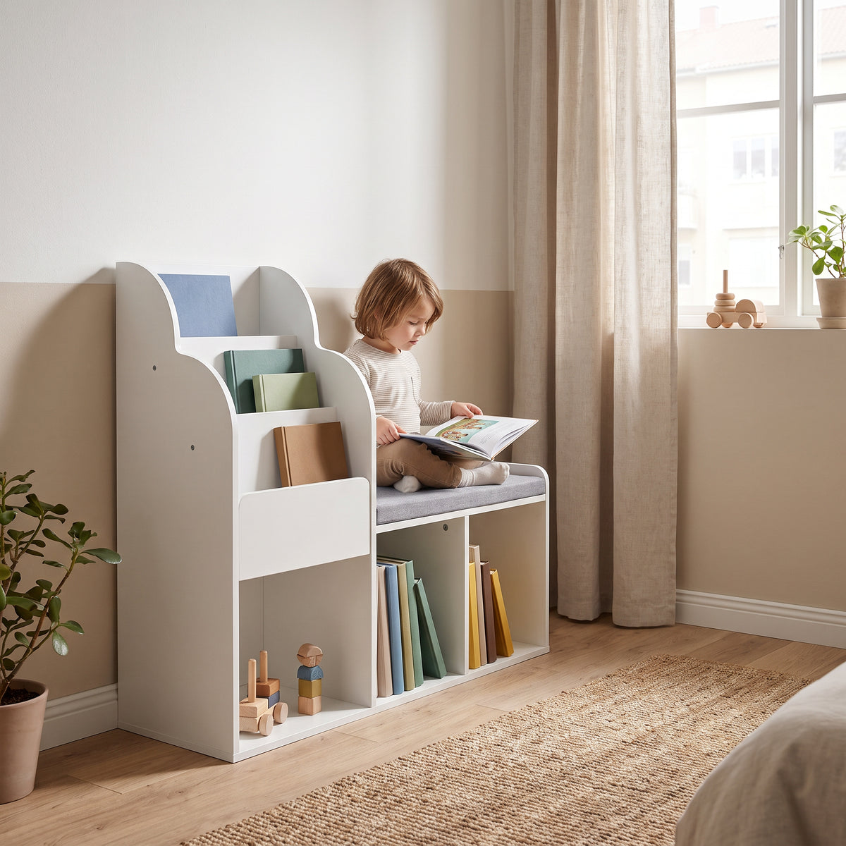 Bibliothèque banc enfant 2 en 1 avec un enfant