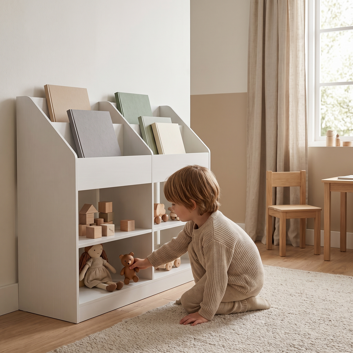 Bibliothèque frontale enfant 4 cubes avec un enfant