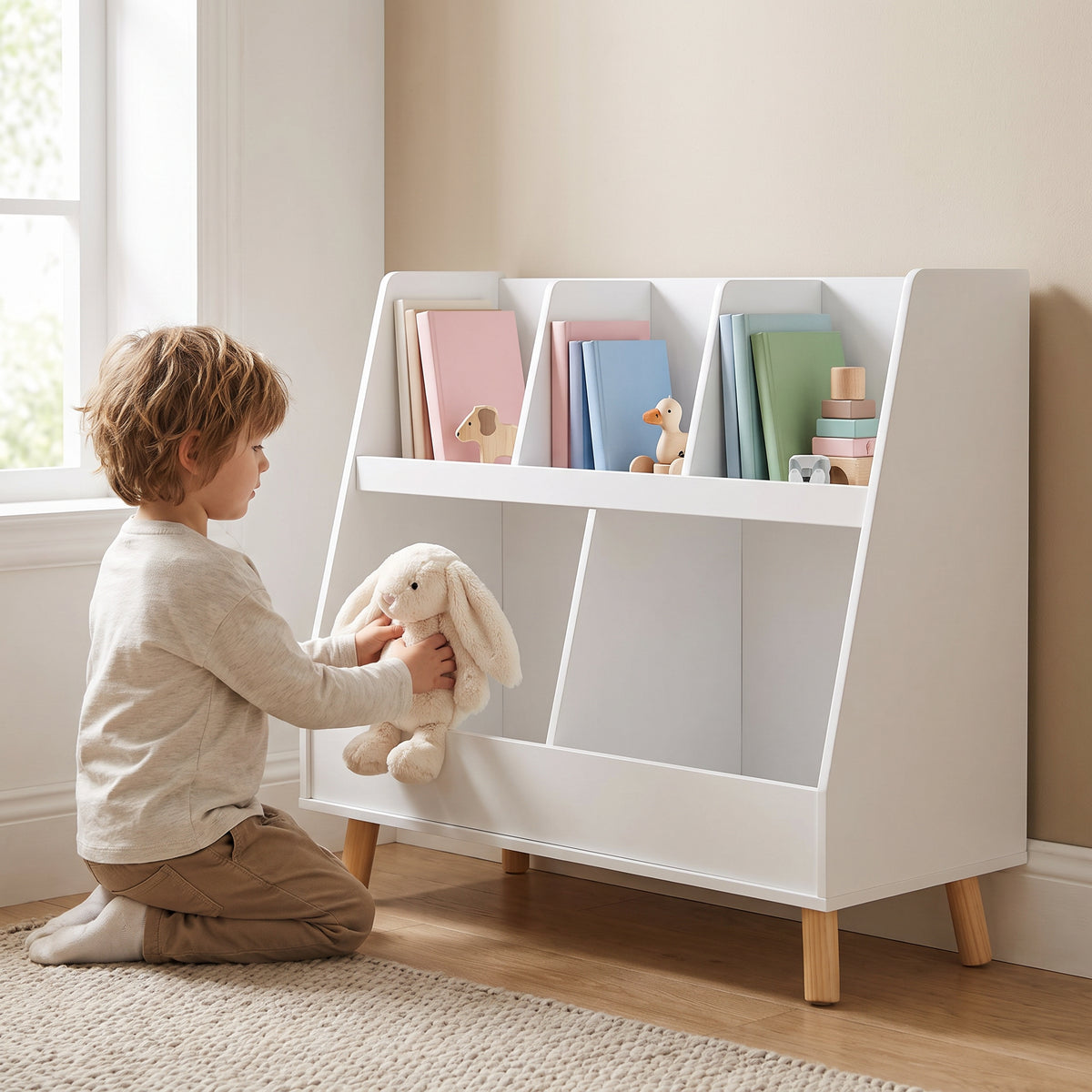 Bibliothèque enfant 5 compartiments blanche avec un enfant