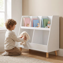 Bibliothèque enfant 5 compartiments blanche avec un enfant