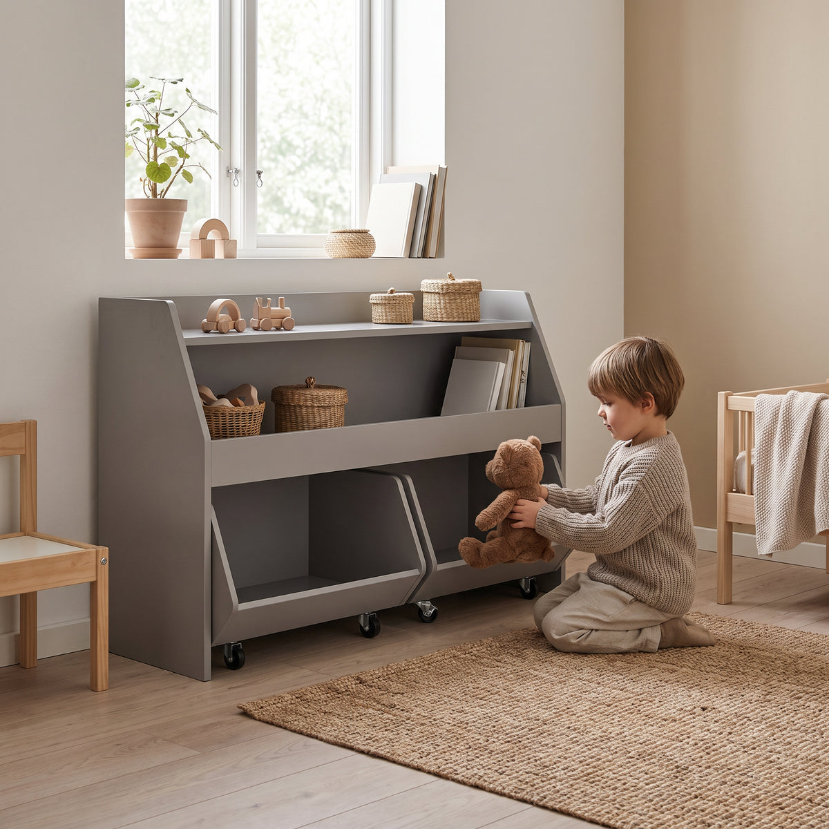 Bibliothèque enfant 2 bacs grise avec un enfant