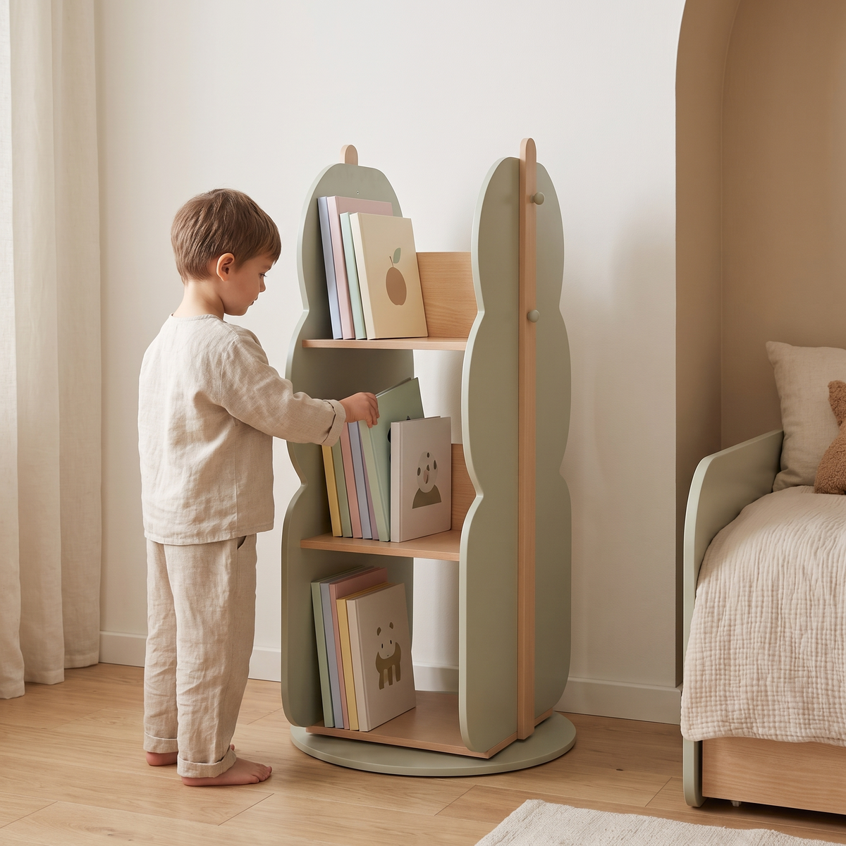 Bibliothèque tournante enfant verte avec un enfant