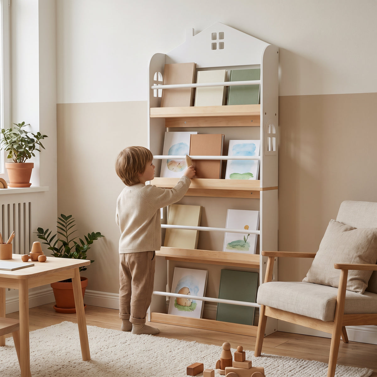 Étagère enfant forme maison avec un enfant