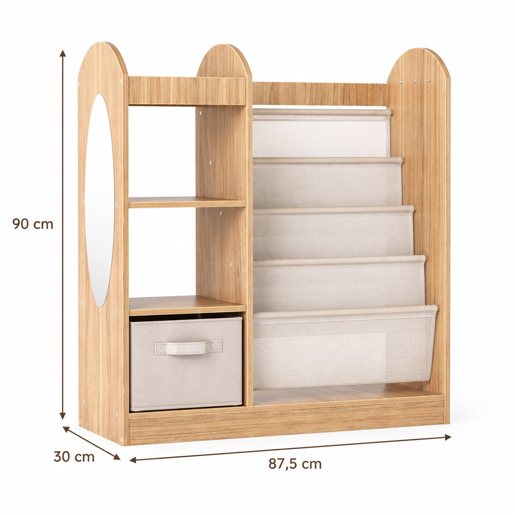 Dimensions – Bibliothèque enfant miroir et étagères en tissu naturel