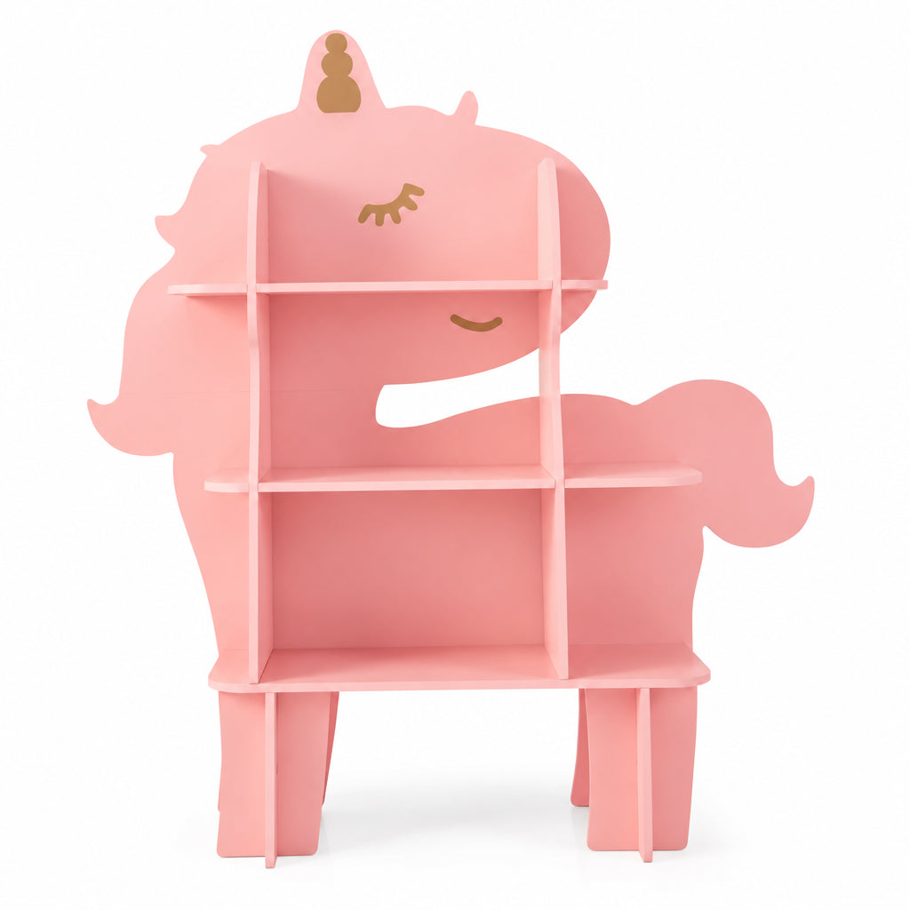 Bibliothèque enfant licorne rose sur fond blanc