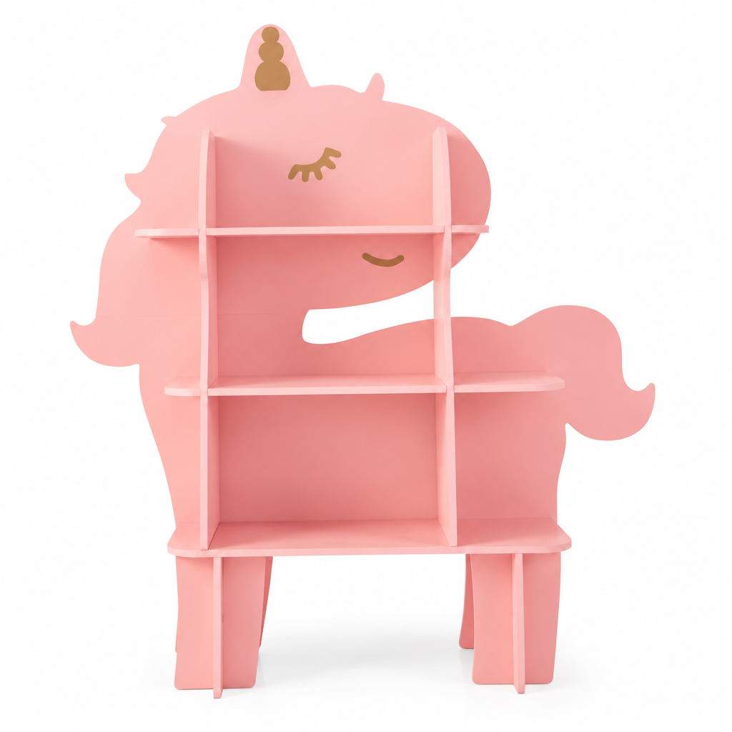 Bibliothèque enfant forme licorne – 3 niveaux, rose