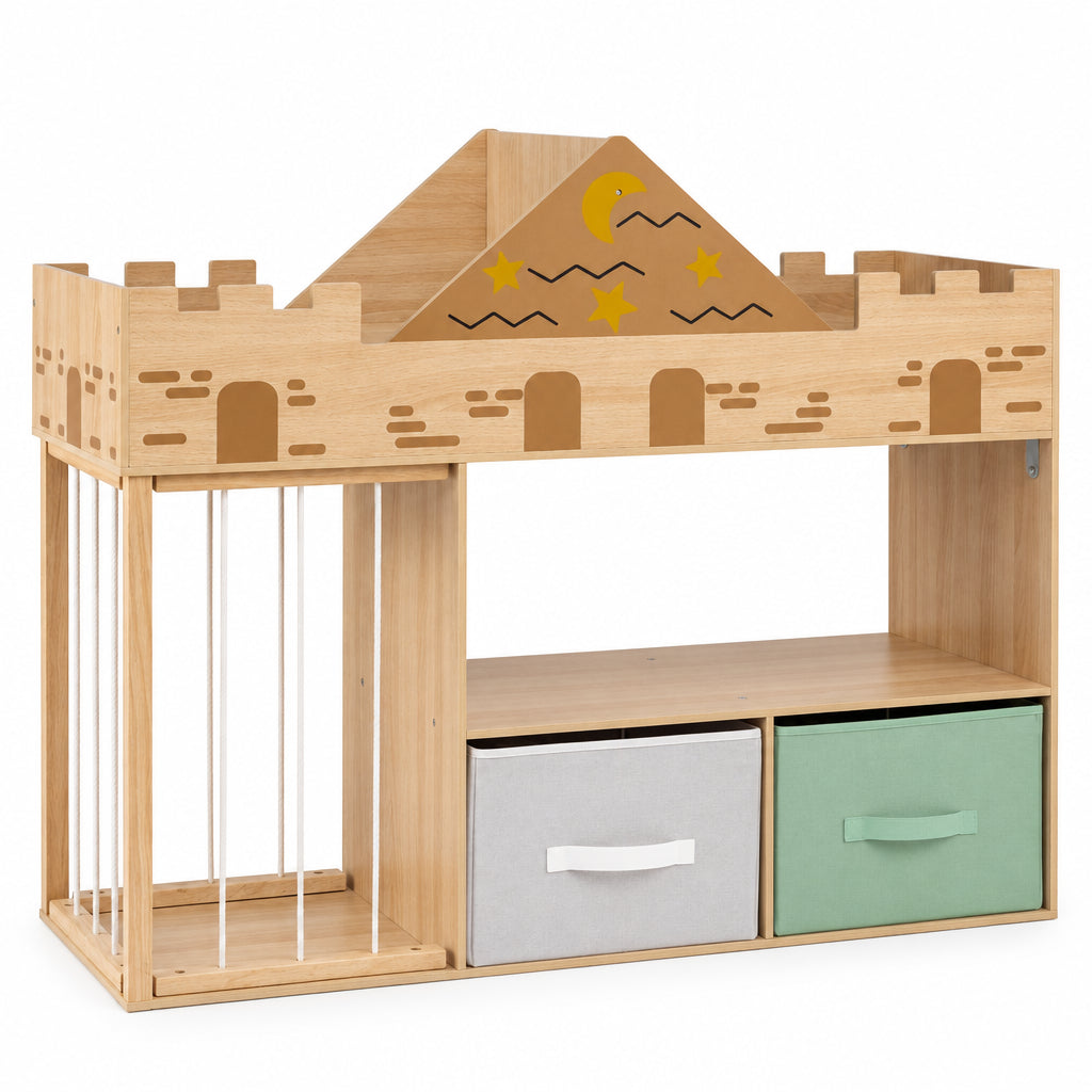 Bibliothèque enfant château bois naturel sur fond blanc