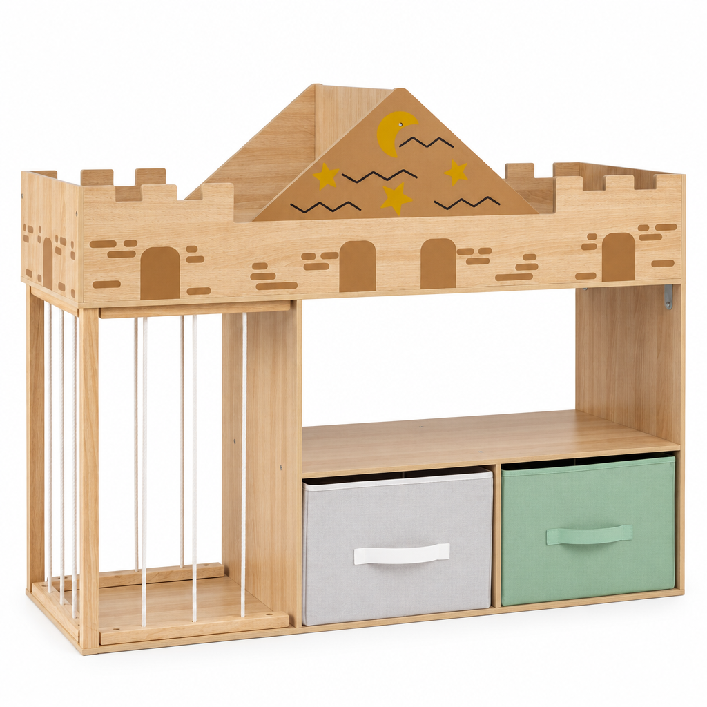Bibliothèque enfant forme château – Rangement peluches, naturel