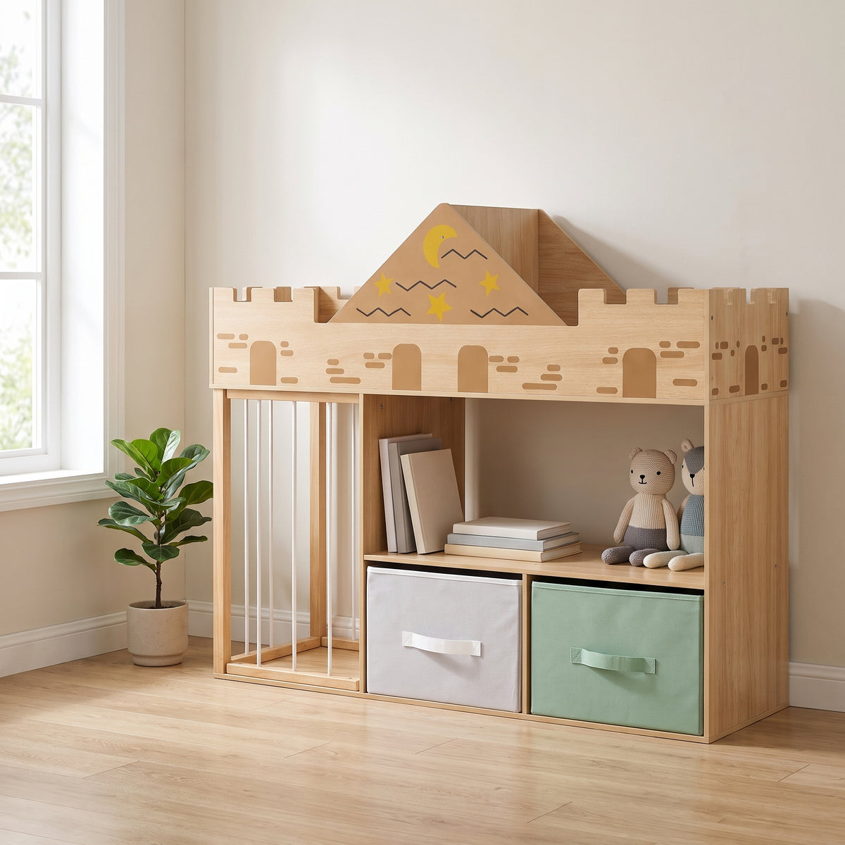 Bibliothèque enfant château bois naturel dans une chambre d'enfant
