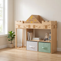 Bibliothèque enfant château bois naturel dans une chambre d'enfant