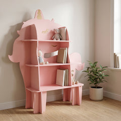 Bibliothèque enfant licorne rose dans une chambre d'enfant