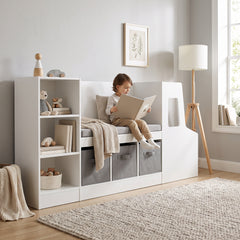 Bibliothèque enfant voiture avec banc blanche avec un enfant