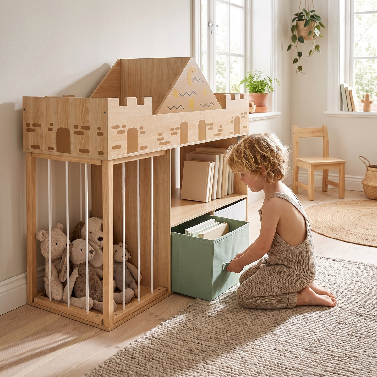 Bibliothèque enfant château bois naturel avec un enfant