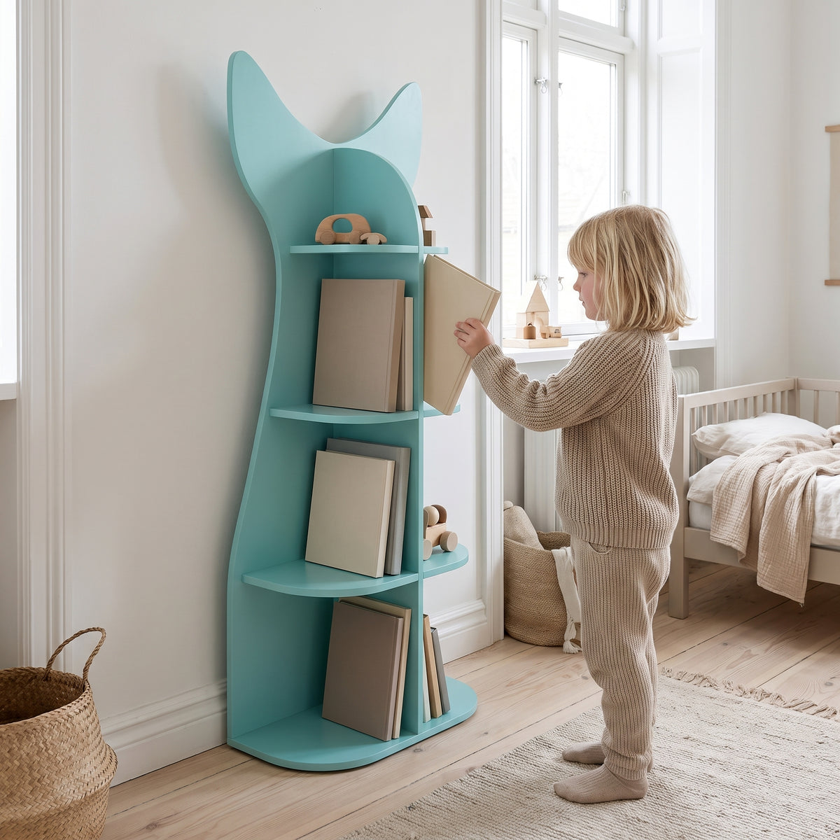Bibliothèque enfant forme poisson bleue avec un enfant