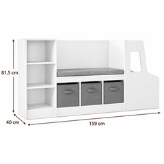 Dimensions – Bibliothèque enfant voiture avec banc blanche