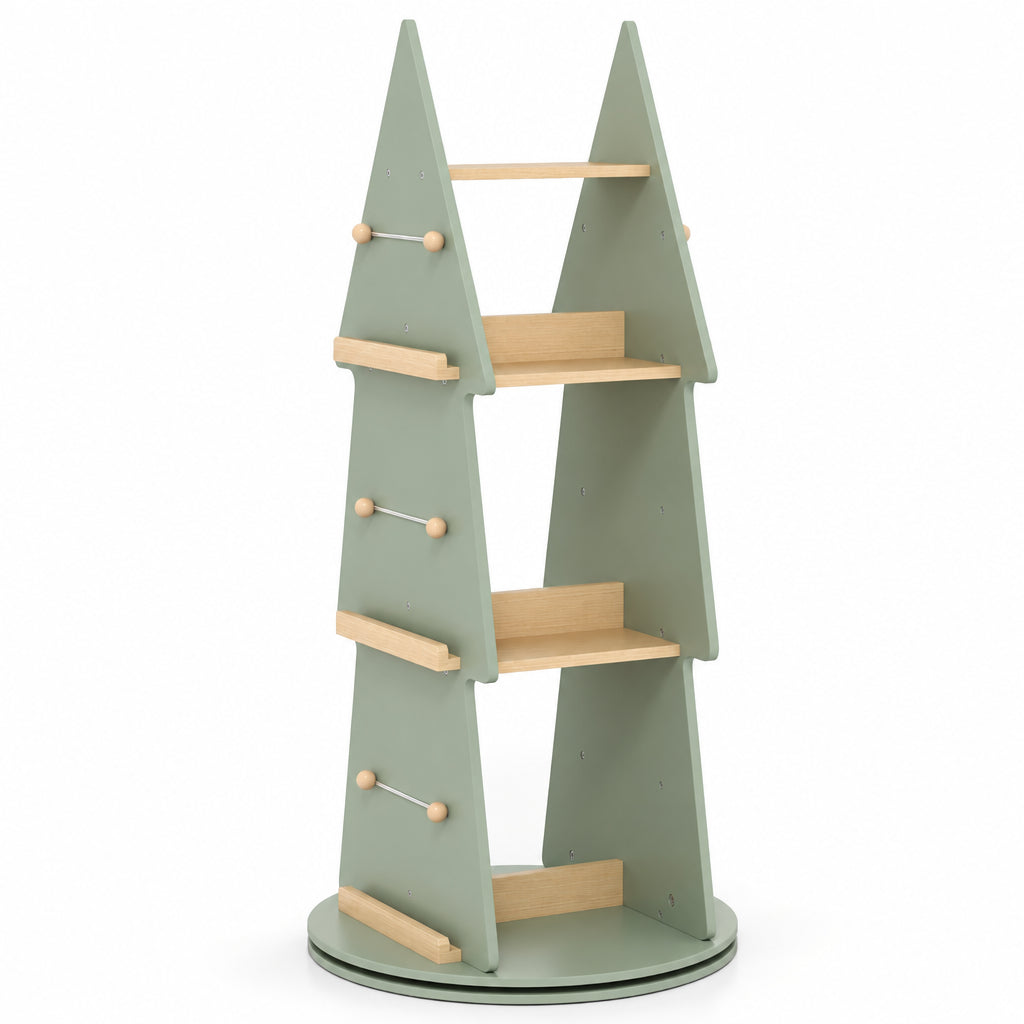 Bibliothèque tournante forme arbre verte sur fond blanc