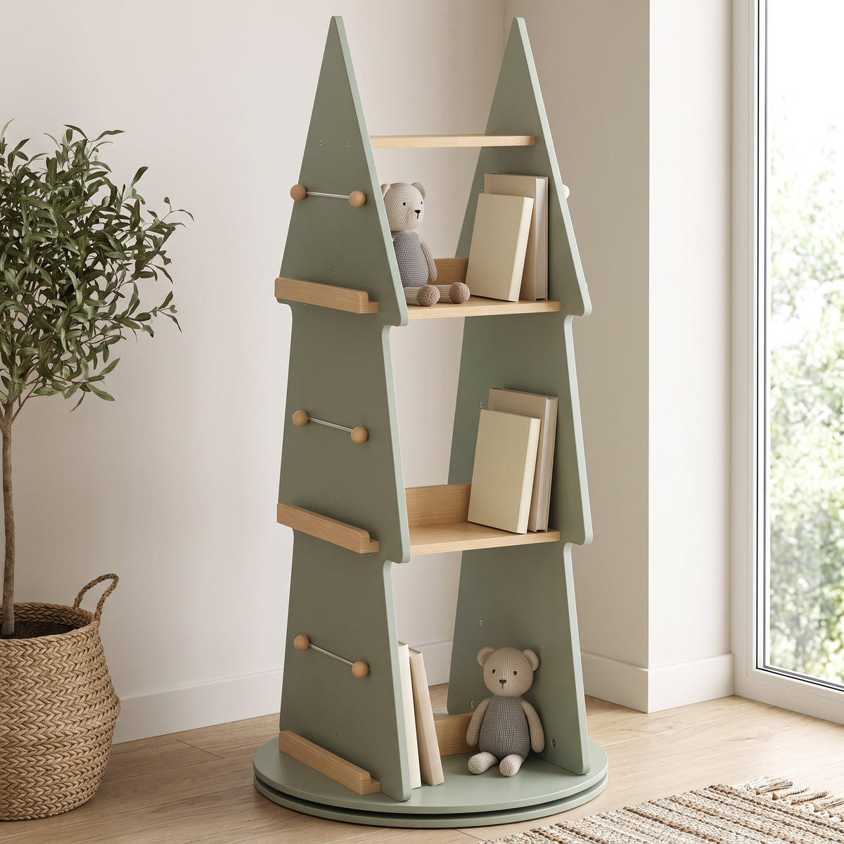 Bibliothèque tournante forme arbre verte dans une chambre d'enfant