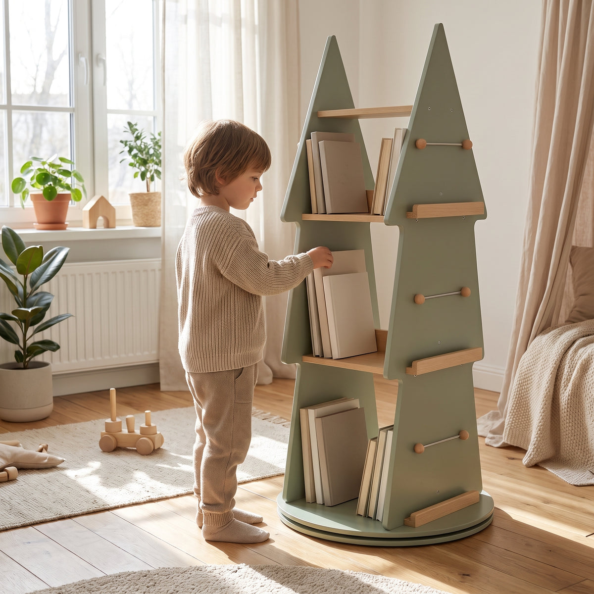 Bibliothèque tournante forme arbre verte avec un enfant