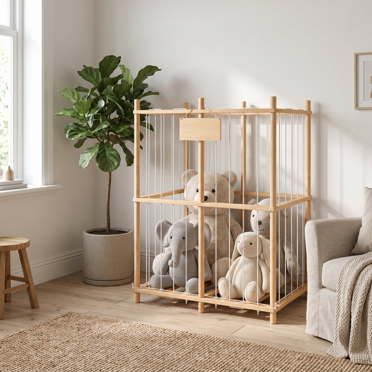 Rangement peluches en bois naturel dans une chambre d'enfant