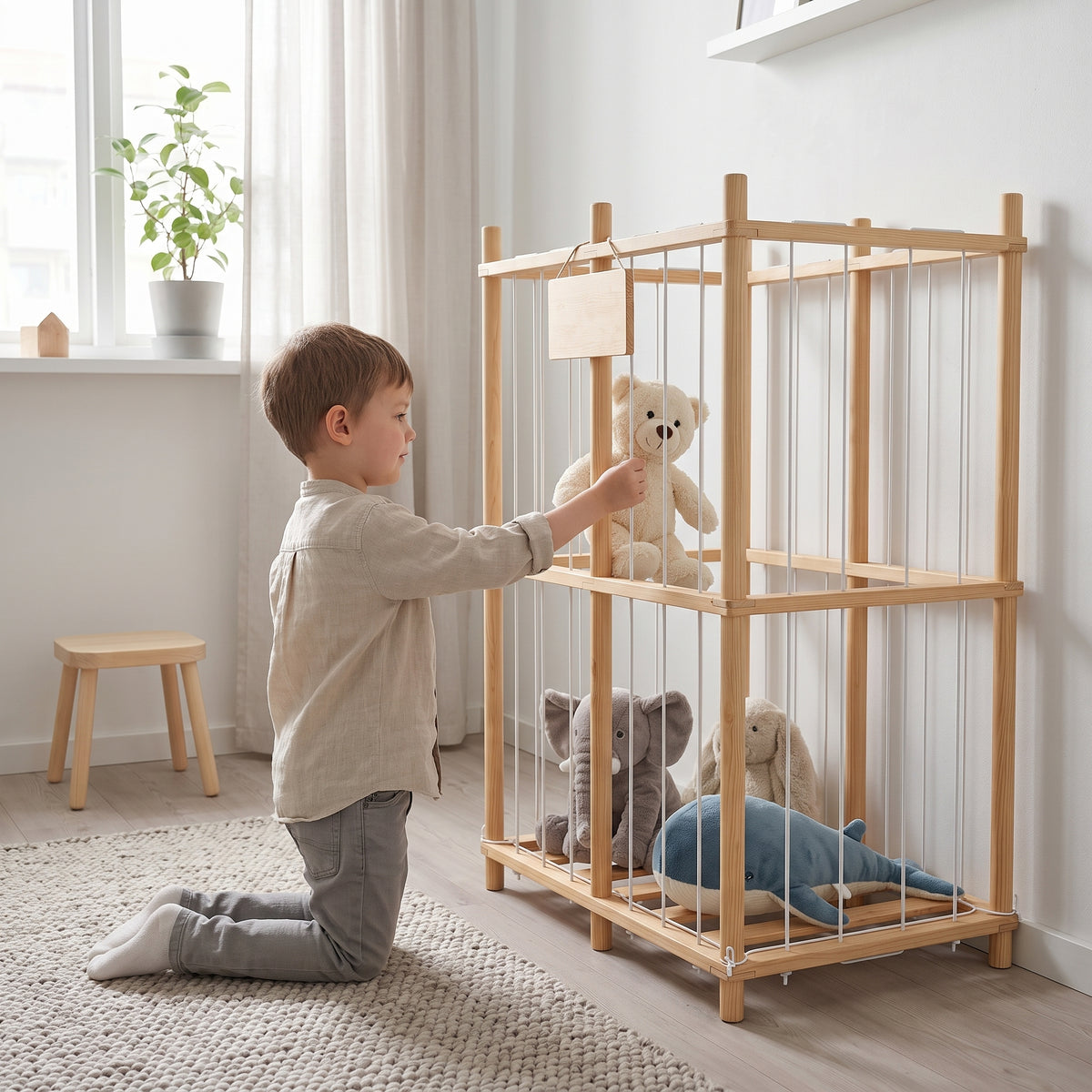 Rangement peluches en bois naturel avec un enfant