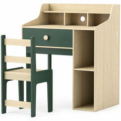 Ensemble bureau et chaise enfant vert et bois naturel sur fond blanc