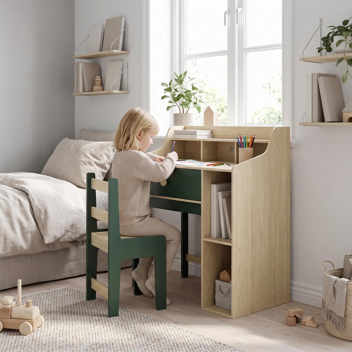 Ensemble bureau et chaise enfant vert et bois naturel avec un enfant