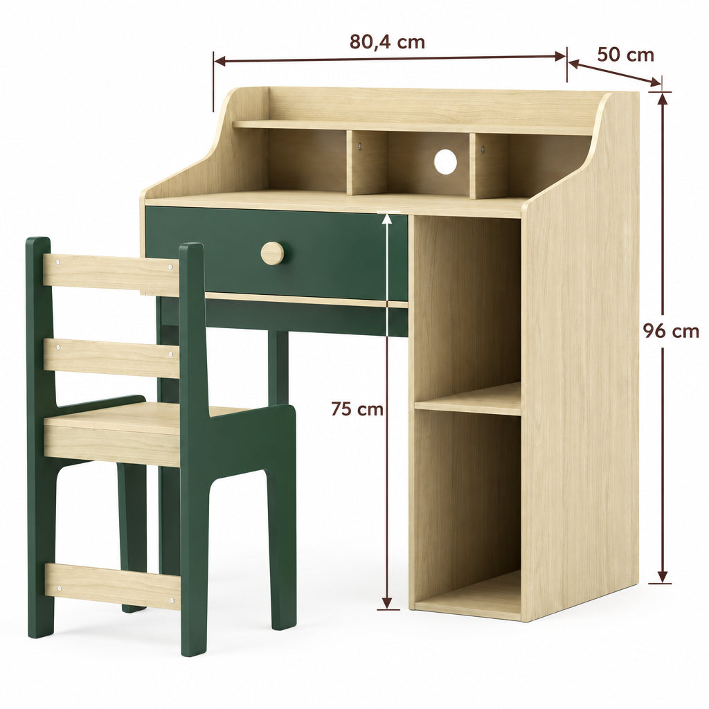 Dimensions – Ensemble bureau et chaise enfant vert et bois naturel