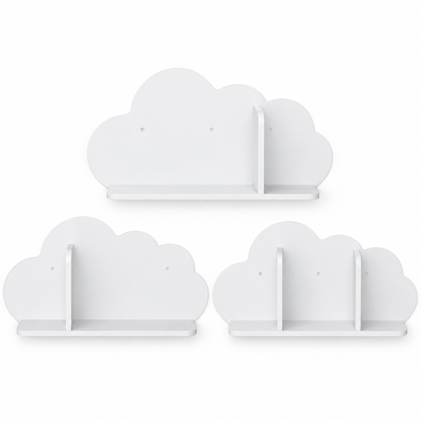 Lot de 3 étagères murales enfant forme nuage blanches sur fond blanc