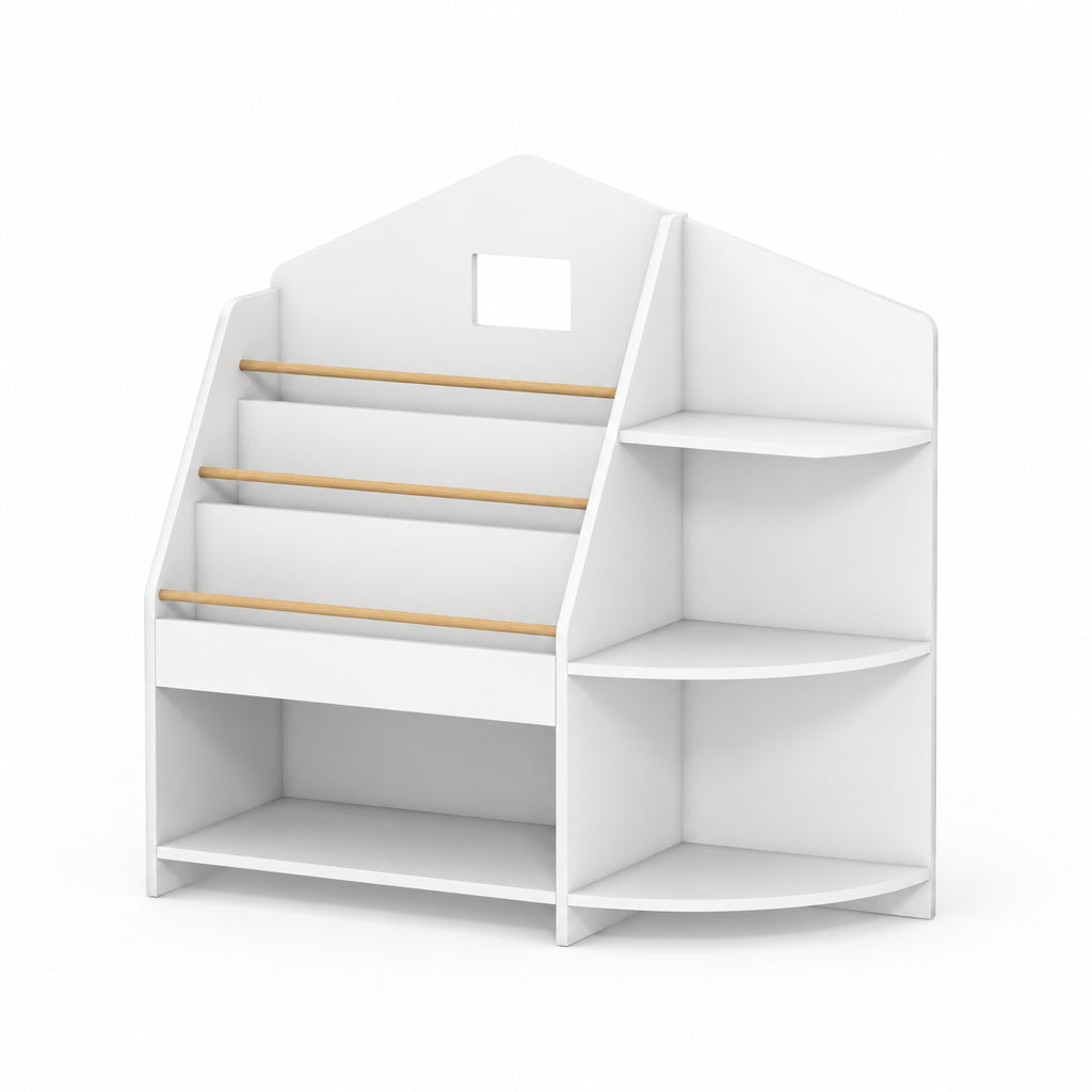 Bibliothèque enfant blanche 7 étagères avec présentoirs à livres sur fond blanc
