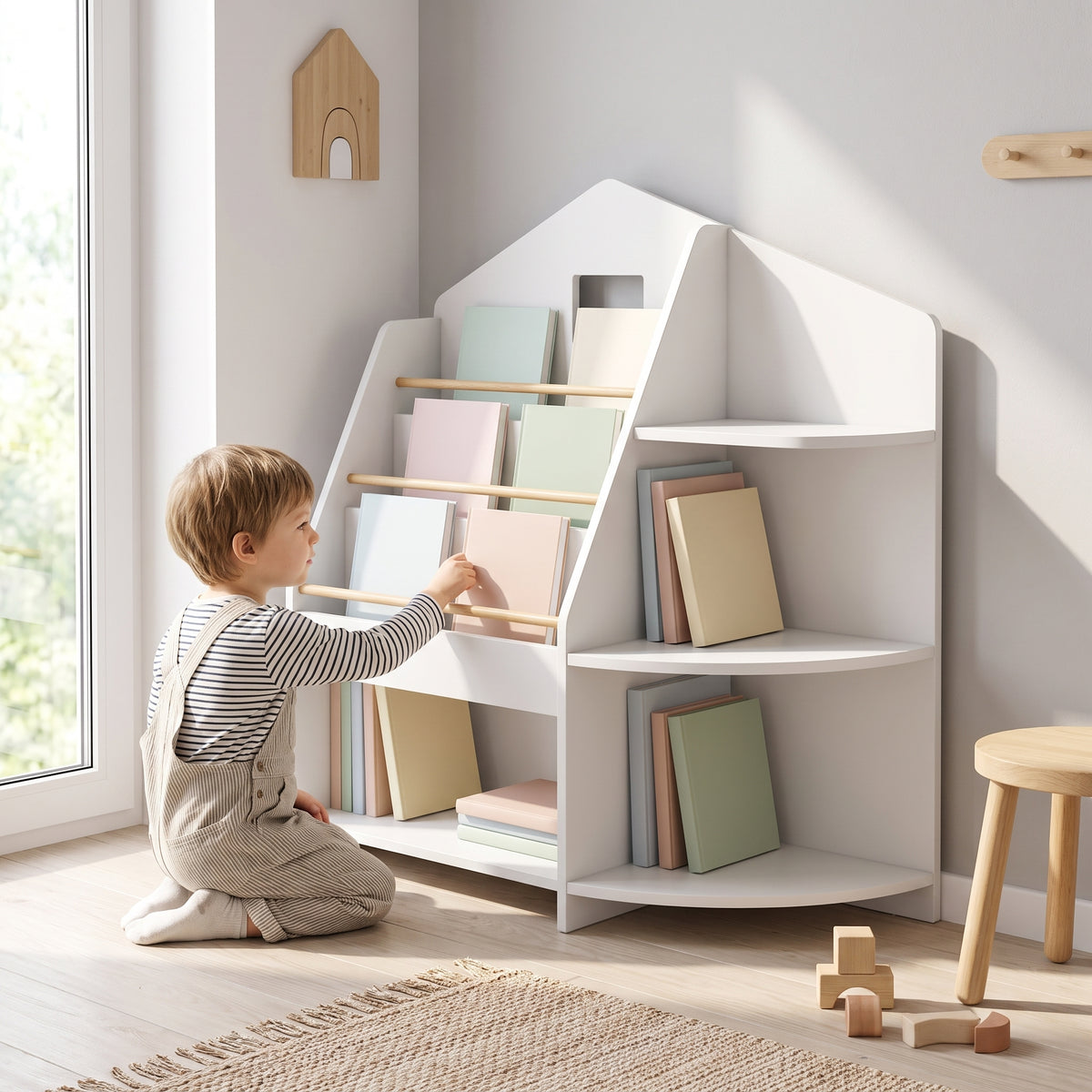 Bibliothèque enfant blanche 7 étagères avec un enfant