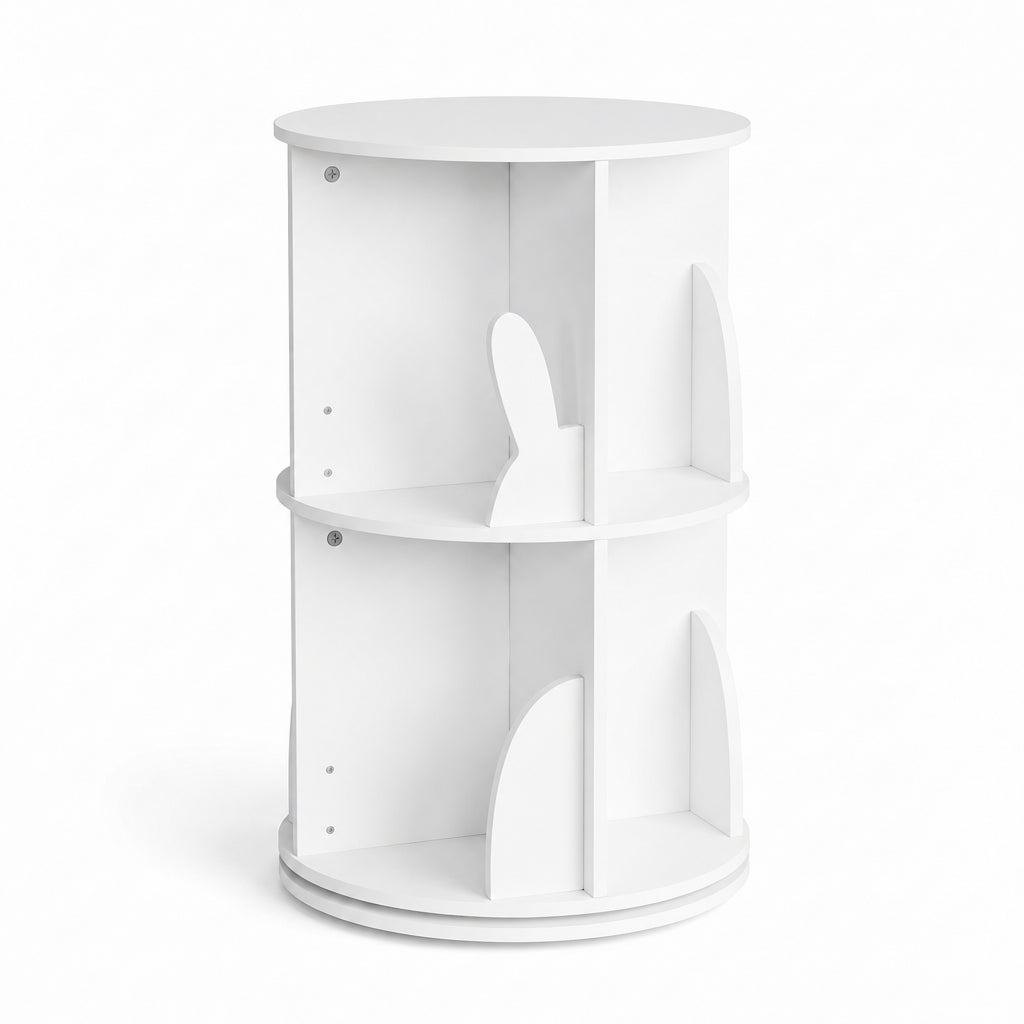 Bibliothèque pivotante enfant motif lapin blanche 2 niveaux sur fond blanc