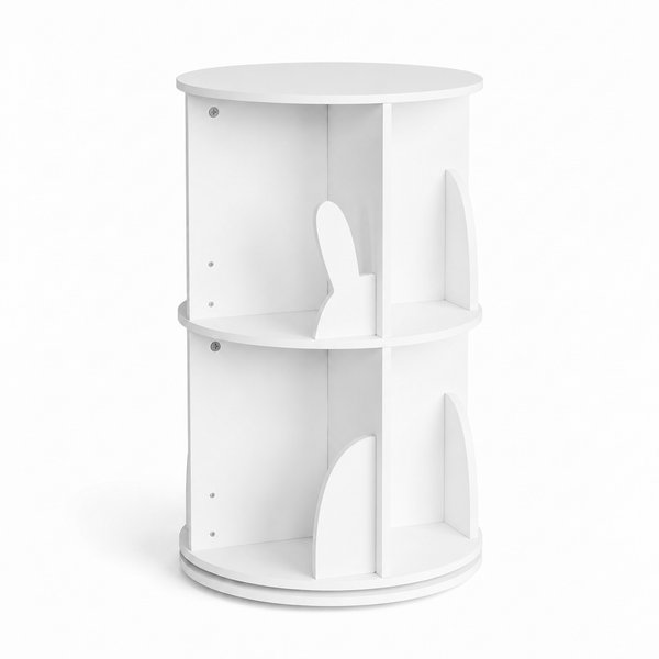 Bibliothèque pivotante enfant motif lapin blanche 2 niveaux sur fond blanc