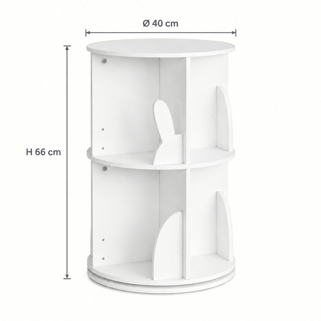 Dimensions de la bibliothèque pivotante motif lapin 2 niveaux : Ø 40 cm, hauteur 66 cm