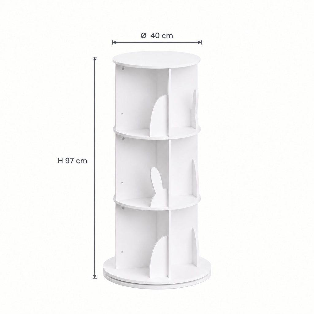 Dimensions de la bibliothèque pivotante motif lapin 3 niveaux : Ø 40 cm, hauteur 97 cm