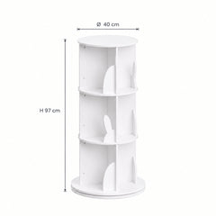 Dimensions de la bibliothèque pivotante motif lapin 3 niveaux : Ø 40 cm, hauteur 97 cm