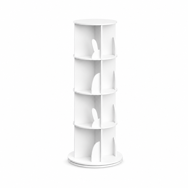 Bibliothèque pivotante enfant motif lapin blanche 4 niveaux sur fond blanc