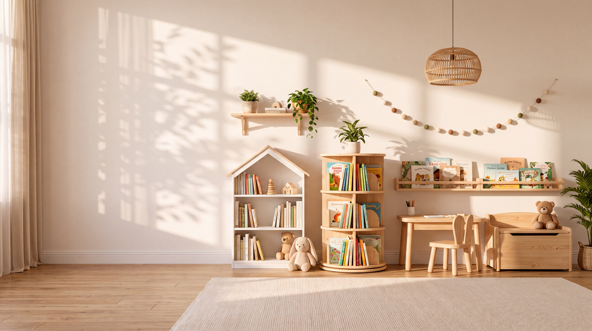 Chambre d'enfant Montessori lumineuse avec bibliothèque maison, bibliothèque tournante, bureau et coffre à jouets